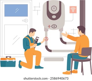 plumber repairing iot water heater while homeowner explains issue concept, Technician Adjusting Inspecting smart Geyser vector design, plumbing worker banner, Handyman Services scene HVAC illustration