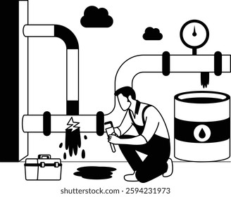 Plumber repairing leaked municipals pipeline vector design, plumbing worker sketch Handyman Services drawing, HVAC technician illustration Industrial Pipeline Leakage Control by Plant Engineer concept