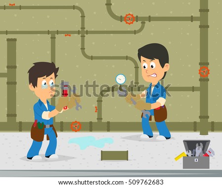 plumber repairing a pipe in the basement. workers repairing water communications. vector illustration.