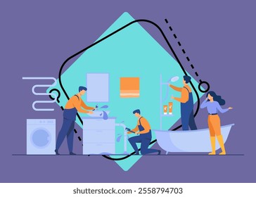 Plumber repairing pipe burst. Woman phoning for service to stop house flooding. Vector illustration for plumbing, domestic problem, help, accident concept