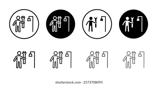 Plumber repairing pipe icon Thin line art isolated