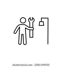 Plumber repairing pipe icon Thin line art isolated