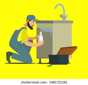 plumber repairing pipe on kitchen. Vector illustration.