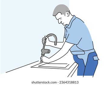 Plumber repairing pipe on kitchen vector illustration. Professional plumbers service. Plumber Male Characters Repair Broken Faucet. Hand drawn style vector design illustrations.