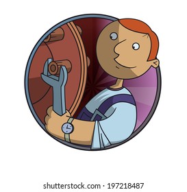 Plumber repairing a pipe with wrench