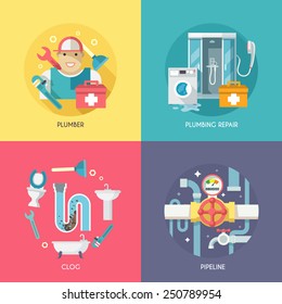 Plumber repairing pipeline and cleaning clogged sink with plunger four flat icons composition abstract isolated vector illustration