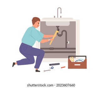 Plumber repairing plumbing, fixing pipe leak under sink. Worker installing tube. Home master working with pipeline. Flat vector illustration of repairman at work isolated on white background