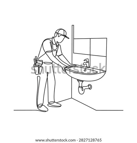 Plumber Repairing Sink Continuous Line Drawing On White Background