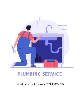 Plumber repairing sink pipe. Call master fixing heater, pipes. Professional engineers check the boiler. Concept of plumbing service, home master, handyman. Vector illustration flat cartoon design