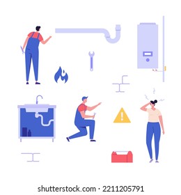 Plumber repairing sink pipe. Call master fixing heater, pipes. Expert engineers check the boiler. Collection of plumbing service, home master, handyman. Vector illustration set cartoon design