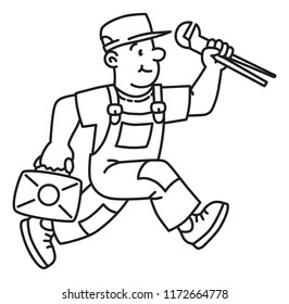 Plumber or repairman with the tools is running