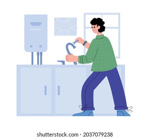 Plumber repairs broken faucet in kitchen, cartoon flat vector illustration isolated on white background. Maintenance of plumbing and aqueduct equipment.