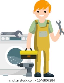 Plumber repairs the washing machine. Breakdown of household appliances. Worker with a wrench, tool and drill. Service and fix. Toolbox in hand. Problem with Laundry.