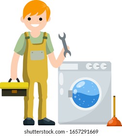 Plumber repairs the washing machine. Breakdown of household appliances. Worker with a wrench, tool. Service and fix. Toolbox in hand. Problem with Laundry.