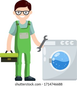 Klempner repariert Waschmaschine. Untergliederung von Haushaltsgeräten. Toolbox in der Hand. Problem mit der Wäsche. Arbeiter mit einem Schlüssel, Werkzeug. Service und Reparatur