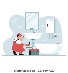 Plumber repairs water illustration concept. Illustration for websites, landing pages, mobile apps, posters and banners. Trendy flat vector illustration