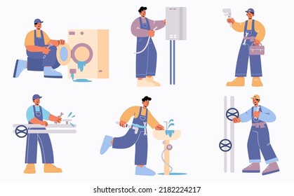 Plumber Repairs Water Pipes, Boiler, Sink And Broken Washing Machine. Vector Flat Illustration Of Plumbing Service Worker With Wrench Fix Leakage, Installing Home Heater