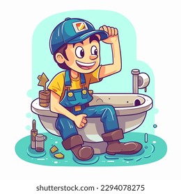 A plumber repairs water pipes in a house. Hourly husband. Service and maintenance of the house. Cartoon vector illustration. label, sticker, t-shirt printing