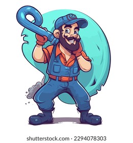 A plumber repairs water pipes in a house. Hourly husband. Service and maintenance of the house. Cartoon vector illustration. label, sticker, t-shirt printing