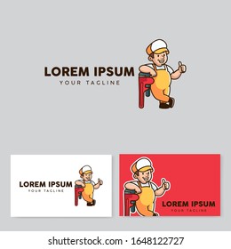 Plumber retro style mascot cartoon logo, vector illustration, business card template