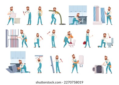 Plumber scenes. Repair service mascots working at home fixing washing machine and boilers exact vector cartoon people