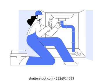 Ilustración vectorial de concepto abstracto del servicio de fontanería. Plomero con fregadero y tuberías de reparación uniformes, molde, servicio de mantenimiento de viviendas privadas, proceso de renovación de alcantarillado metáfora abstracta.