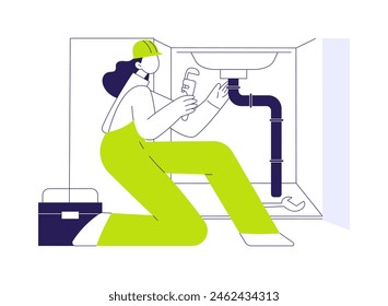 Servicio de fontanero abstracto concepto Ilustración vectorial. Plomero en uniforme que repara el fregadero y las tuberías, enfermedad del moho, servicio de mantenimiento de la casa privada, proceso de renovación de alcantarillado metáfora abstracta.