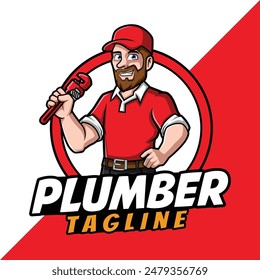 Plumber Service Mascota de dibujos animados que sostiene el diseño de la Plantilla de la llave de tubo