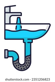 Plumber service color icon for water pipes plumbing, cleaning and fix, vector outline symbol. Kitchen or bathroom sink sewerage drain or pipeline problem repair and plumbing maintenance service icon