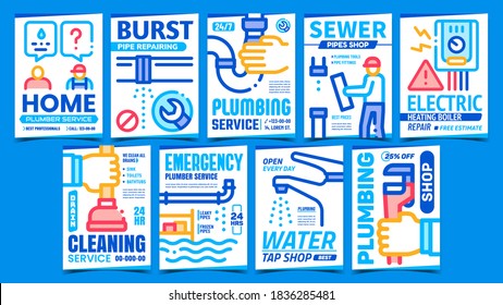 Plumber Service Creative Promo Posters Set Vector. Sewer Pipe, Plumbing And Water Tap Shop, Cleaning And Home Emergency Plumber Service Advertising Banners. Concept Template Style Color Illustrations