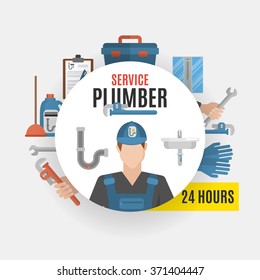Plumber service design concept set of tools for repairing pipeline and cleaning clogged sink flat vector illustration