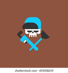 Plumber service emblem. Plumber and Logo Cleaning. Skull and rubber plunger and wrench.
