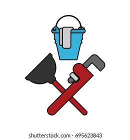Plumber service emblem. Plumber and Logo Cleaning. rubber plunger and adjustable wrench. Bucket for washing
