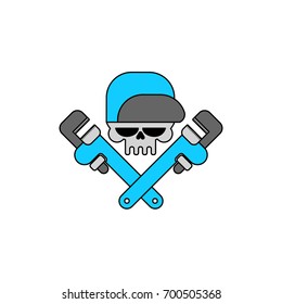 Plumber service emblem. Skull and Adjustable wrench

