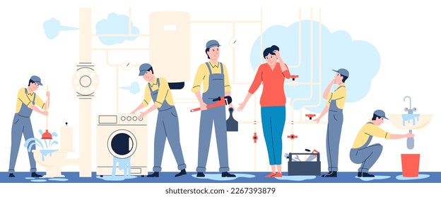 Plumber service at home. Woman has a toilet and bathroom problems, cartoon plumbers repair pipe. Flat handyman helps female recent vector scene