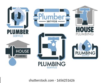 Plumber service, house plumbing repair, isolated icon vector. Pipes and tap or switch, fix leakage, pipeline replacement and maintenance. Home repairment works, sanitary furniture installment