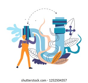 Klempnerservice von professionellen Arbeiter mit Werkzeug Vektor männlich mit spezieller Uniform Umgang mit Pipeline-System von Wasser-Spritzen und Wutexperte mit Werkzeuge Blattdekor.
