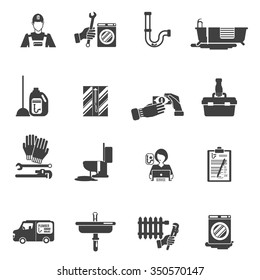 Plumber service tools kit black pictograms set with radiator heater system damage fixing abstract isolated vector illustration