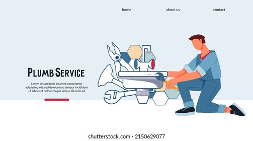 Plumber service website or landing page interface, flat vector illustration. Webpage with plumber installs and repairs the pipes, fittings of water supply.
