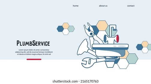 Plumber service website template, flat vector illustration. Plumbing works, installation and repair of pipes, water supply fittings.