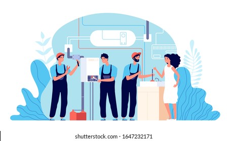 Plumber service. Work plumbers helping, instruments for fixing. Housework repairing, handyman and broken boiler heater vector illustration