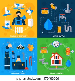 Plumber Serviceman Tools Kit For Fixing Pipeline Leaks 4 Flat Icons Square Composition Abstract Isolated Vector Illustration