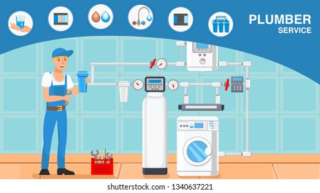 Plumber Services Cartoon Web Banner with Text. Worker Holding Filter. Handyman Repairing Boiler. Cartoon Character with Screw Key. Hand Holding Glass of Liquid. Water Filtration System Installation