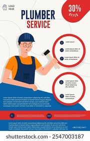 Flyer de servicios de fontanería o diseño de carteles con Ilustración vectorial de personajes de arte plano.