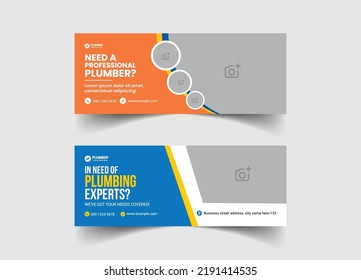 Plumber services social media cover template with home repair pipeline installing web banner design layout