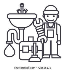 plumber service,tools,sink vector line icon, sign, illustration on background, editable strokes