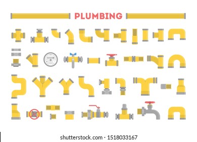 Plumber set, collection of pipe. Plumbing industry. Yellow pipeline element, industrial technology. Isolated vector illustration in flat style
