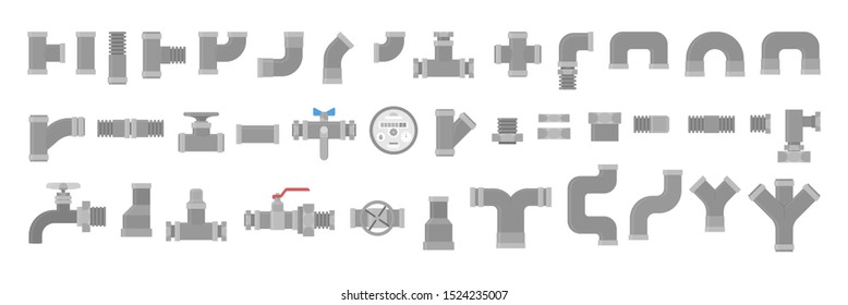 Plumber set, collection of pipe. Plumbing industry. Yellow pipeline element, industrial technology. Isolated vector illustration in flat style