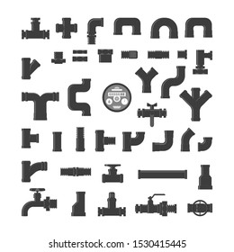Plumber set, collection of pipe. Plumbing industry. Yellow pipeline element, industrial technology. Isolated vector illustration in flat style