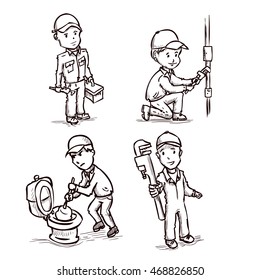 Plumber set. Hand drawn cartoon vector illustration.